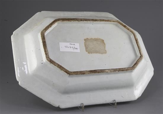 A Chinese famille rose canted rectangular dish, Qianlong period, 39cm, some wear to enamels